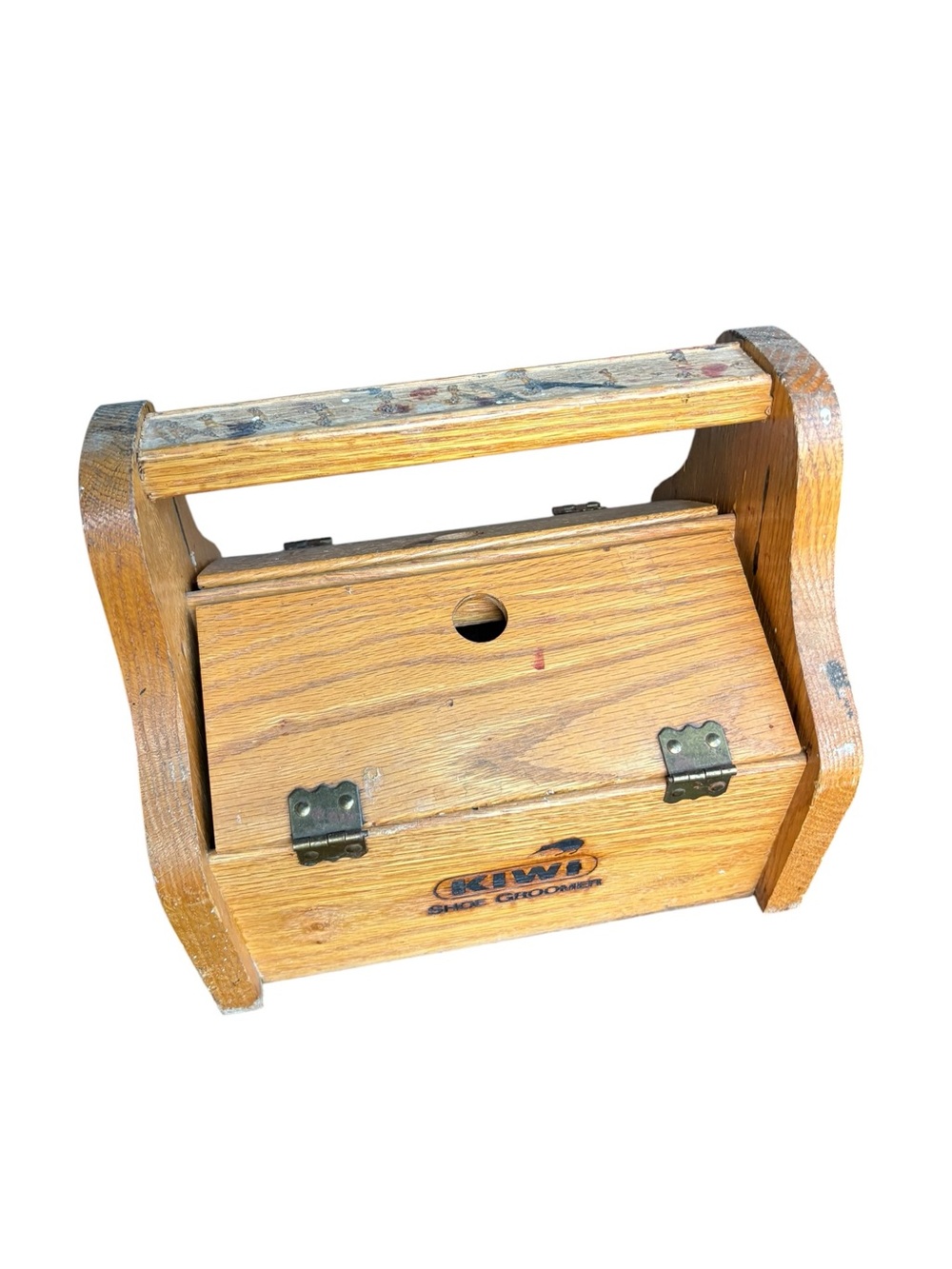 Vintage KIWI Wood Shoe Shine Box With Assorted Brushes & Polish Cans